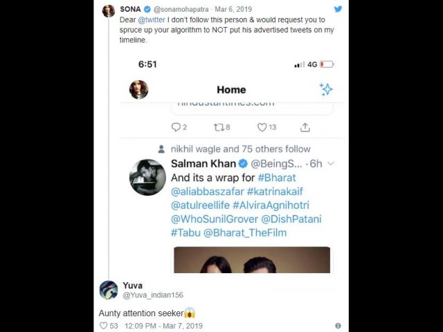 fans trolled sona on tweet against salman khan