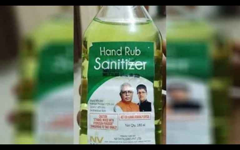 Punjab and Haryana CM Photos on Sanitizer Bottles